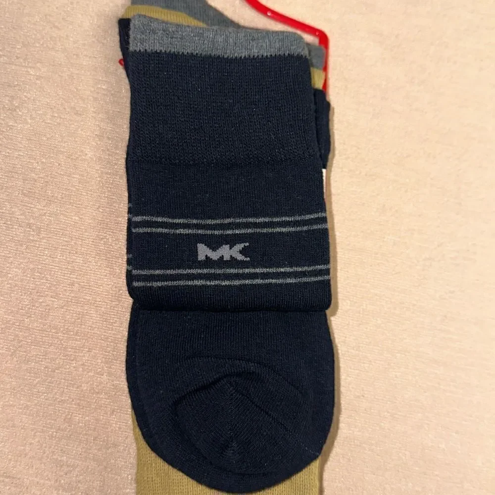 Michael Kors Men’s Pack of 3 Pairs Dress Crew Socks Navy Silver Gray Mustard